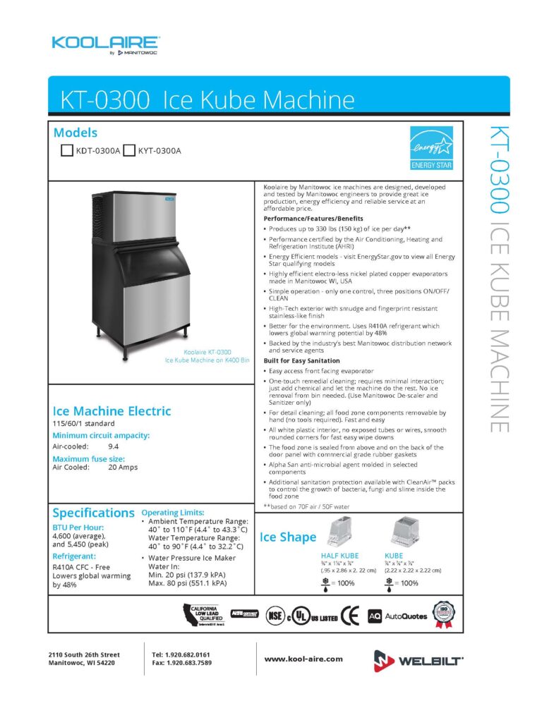 Koolaire Specification Sheets Southern Ice Equipment Distributors